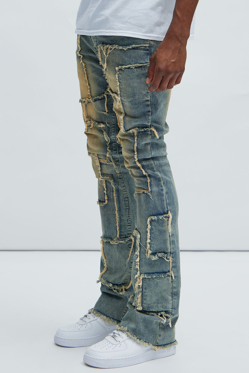 NovaMen Frayed Patches Stacked Skinny Flare Jeans