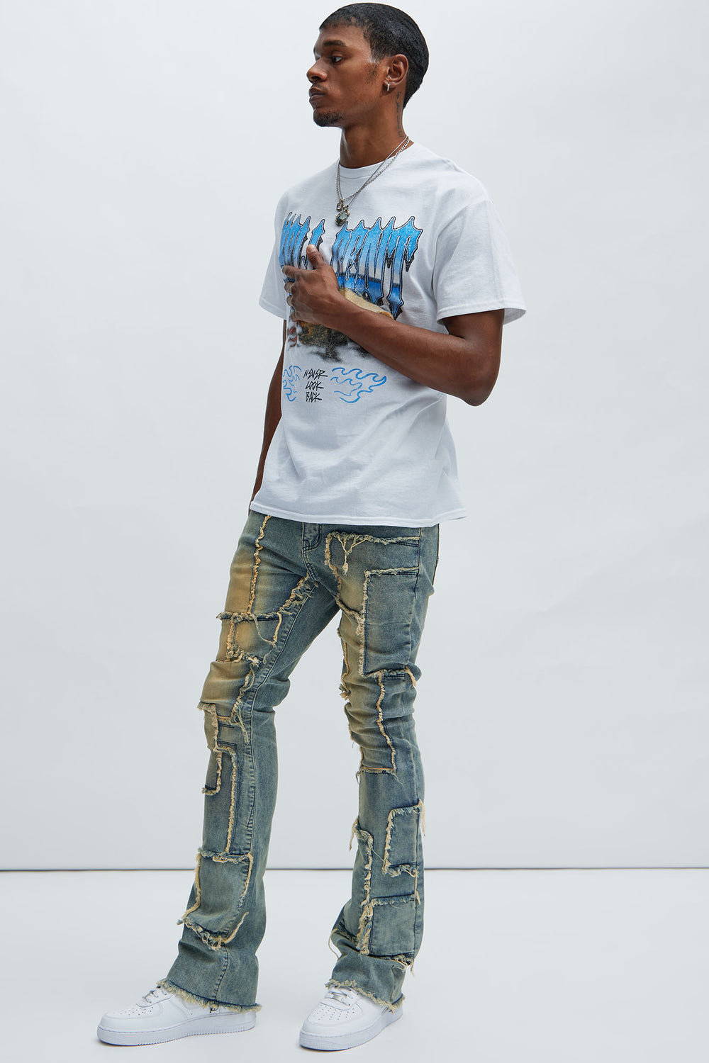 NovaMen Frayed Patches Stacked Skinny Flare Jeans