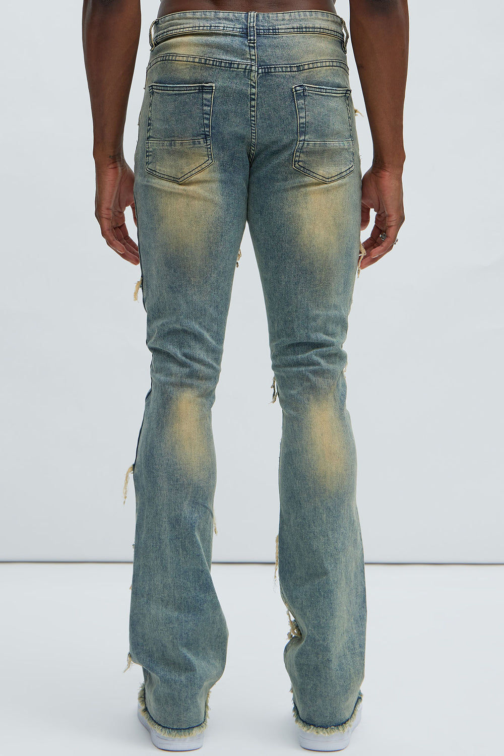 NovaMen Frayed Patches Stacked Skinny Flare Jeans