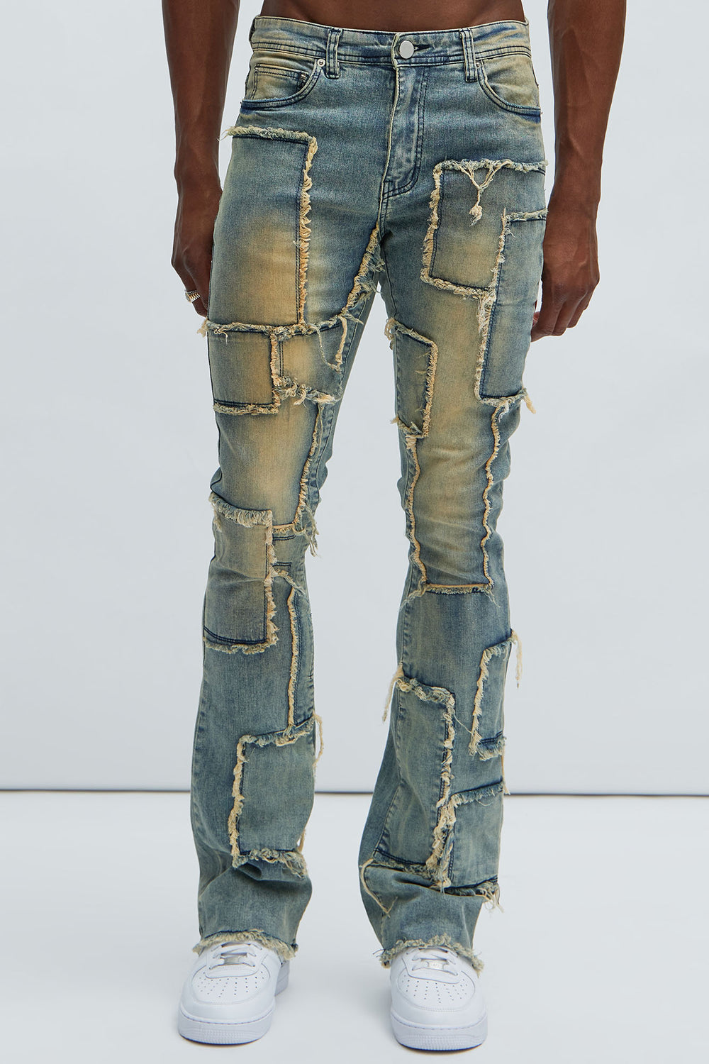 NovaMen Frayed Patches Stacked Skinny Flare Jeans