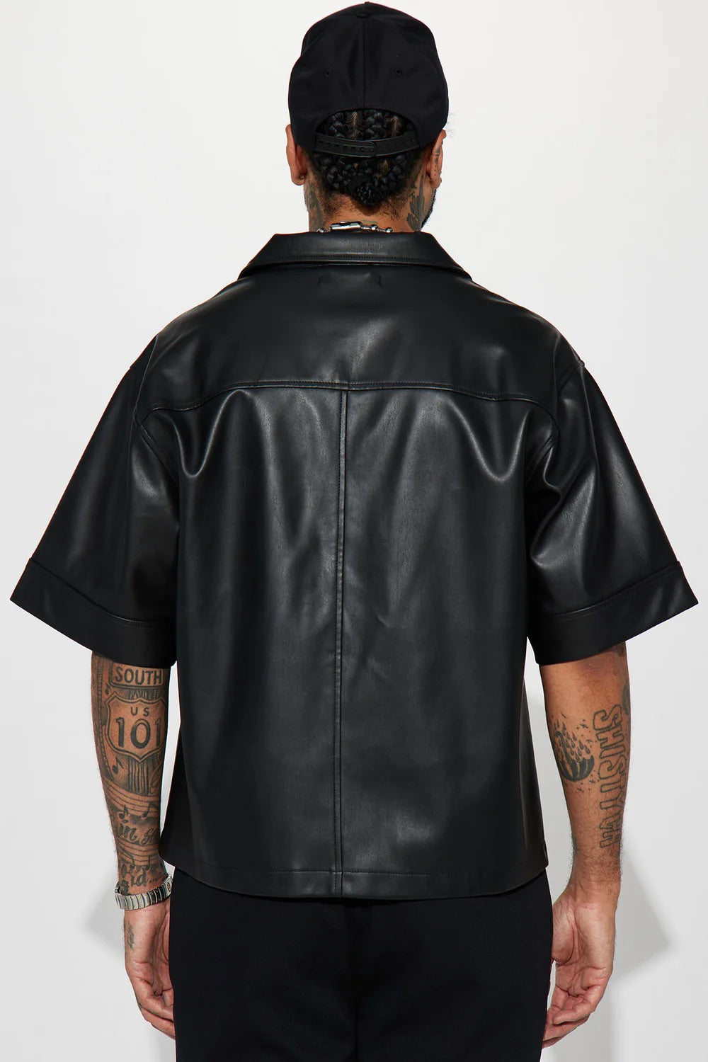 NovaMen High Stepper Cropped Faux Leather Button Up Shirt - Black