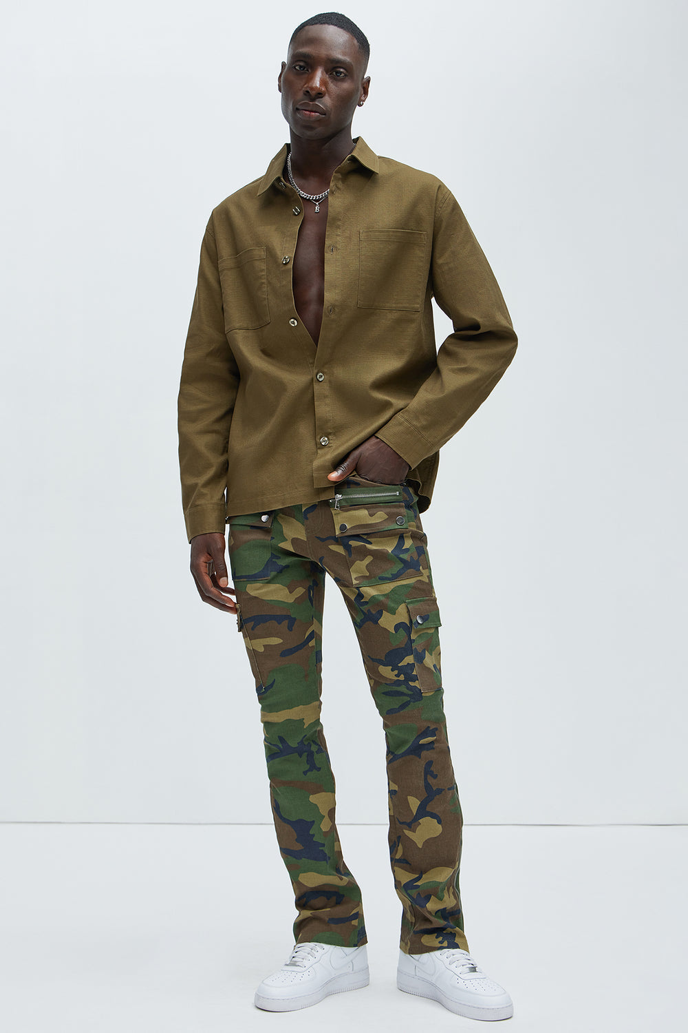 NovaMen On The Verge Waxed Zipper Skinny Flare Cargo Pants - Camouflage