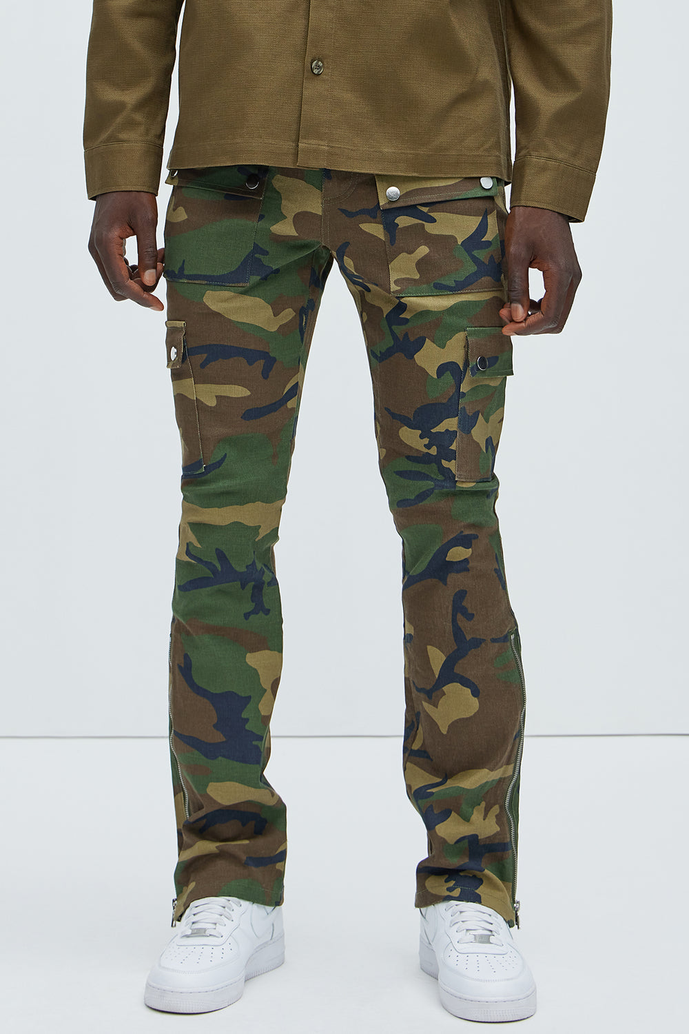 NovaMen On The Verge Waxed Zipper Skinny Flare Cargo Pants - Camouflage