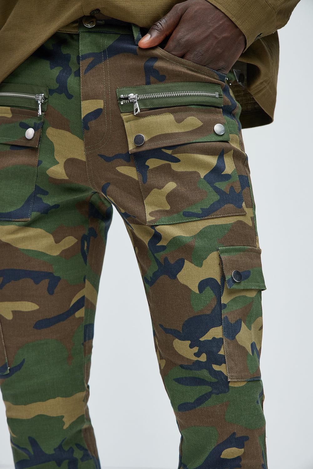 NovaMen On The Verge Waxed Zipper Skinny Flare Cargo Pants - Camouflage