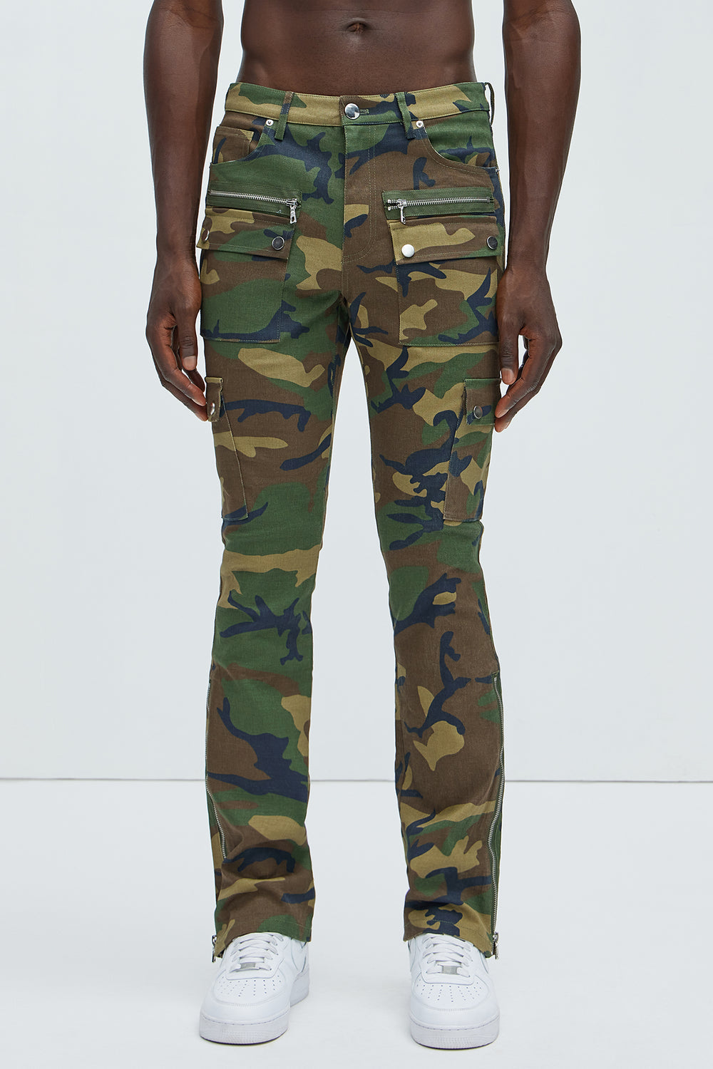 NovaMen On The Verge Waxed Zipper Skinny Flare Cargo Pants - Camouflage
