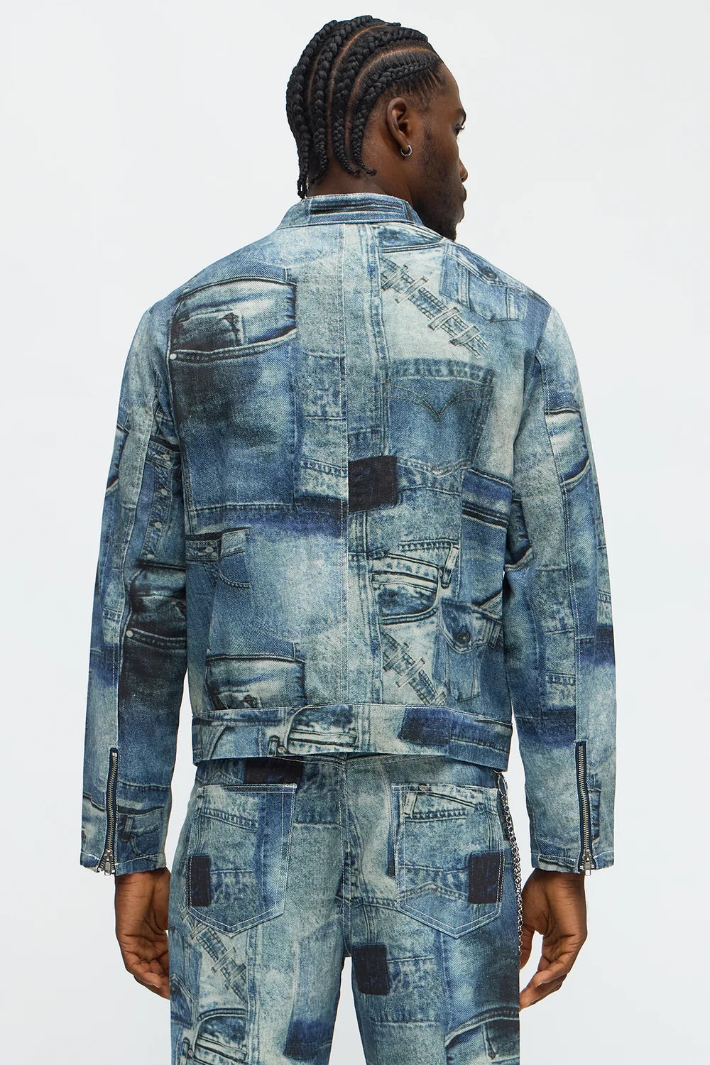 NovaMen Denim Printed Moto Jacket - Blue