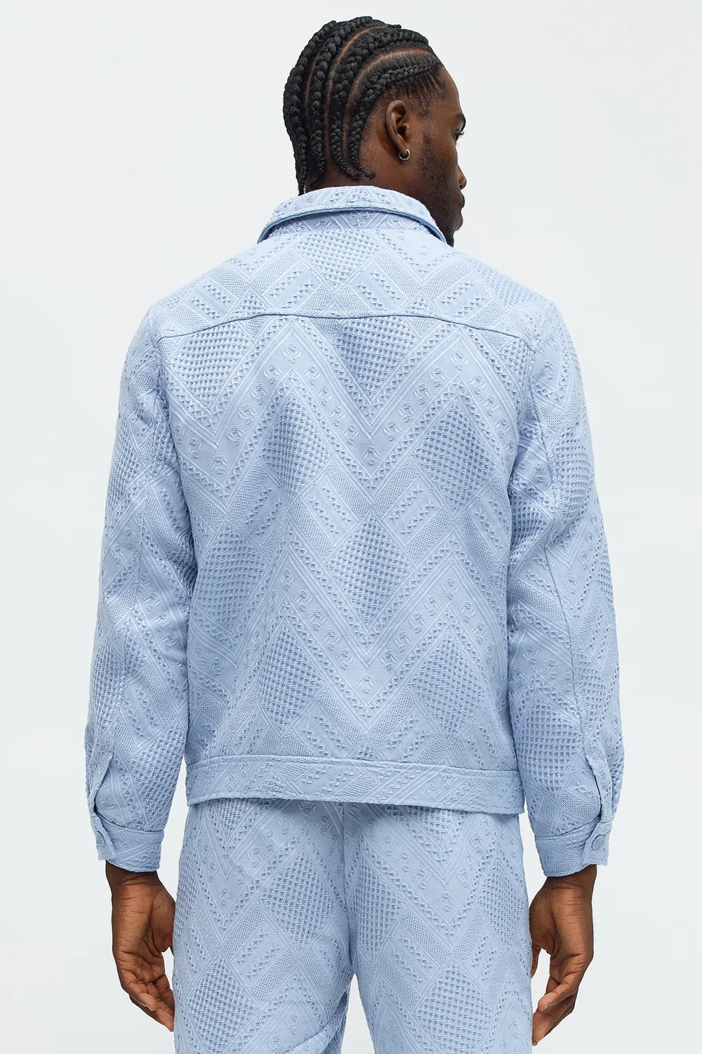 NovaMen Relaxed Twist Weave Textured Trucker Jacket - Light Blue