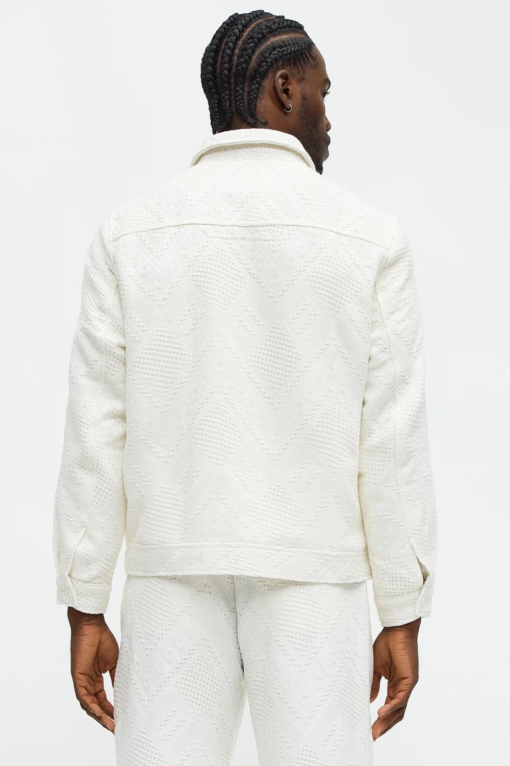 NovaMen Relaxed Twist Weave Textured Trucker Jacket - White