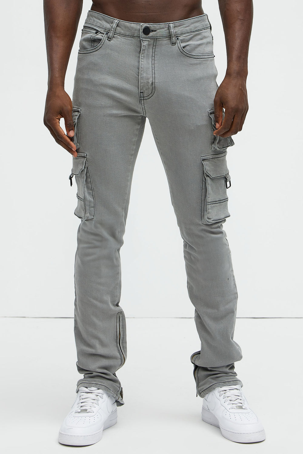 NovaMen Get This Cargo Stacked Skinny Zipper Flare Jeans - Grey