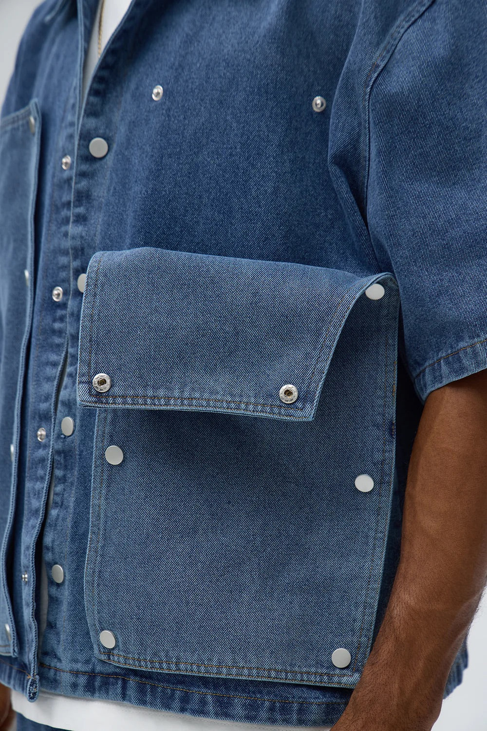 NovaMen Boxy Utility Snap Panel Button Up Shirt - Dark Wash