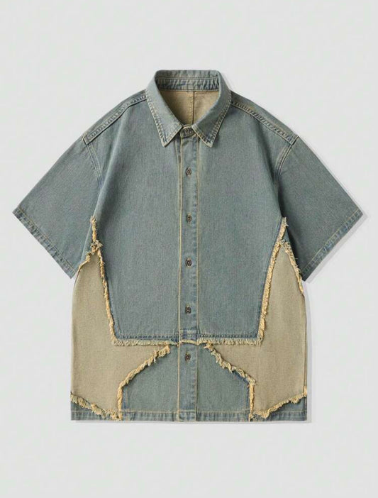 ROMWE Men’s Raw Trim Star Denim Oversized Shirt