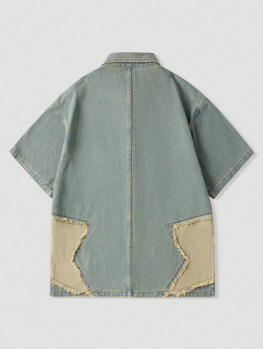 ROMWE Men’s Raw Trim Star Denim Oversized Shirt