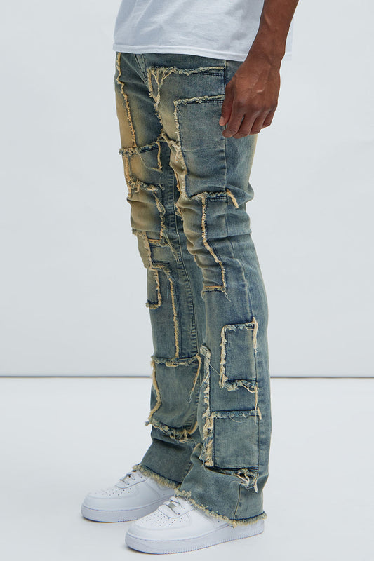 NovaMen Frayed Patches Stacked Skinny Flare Jeans