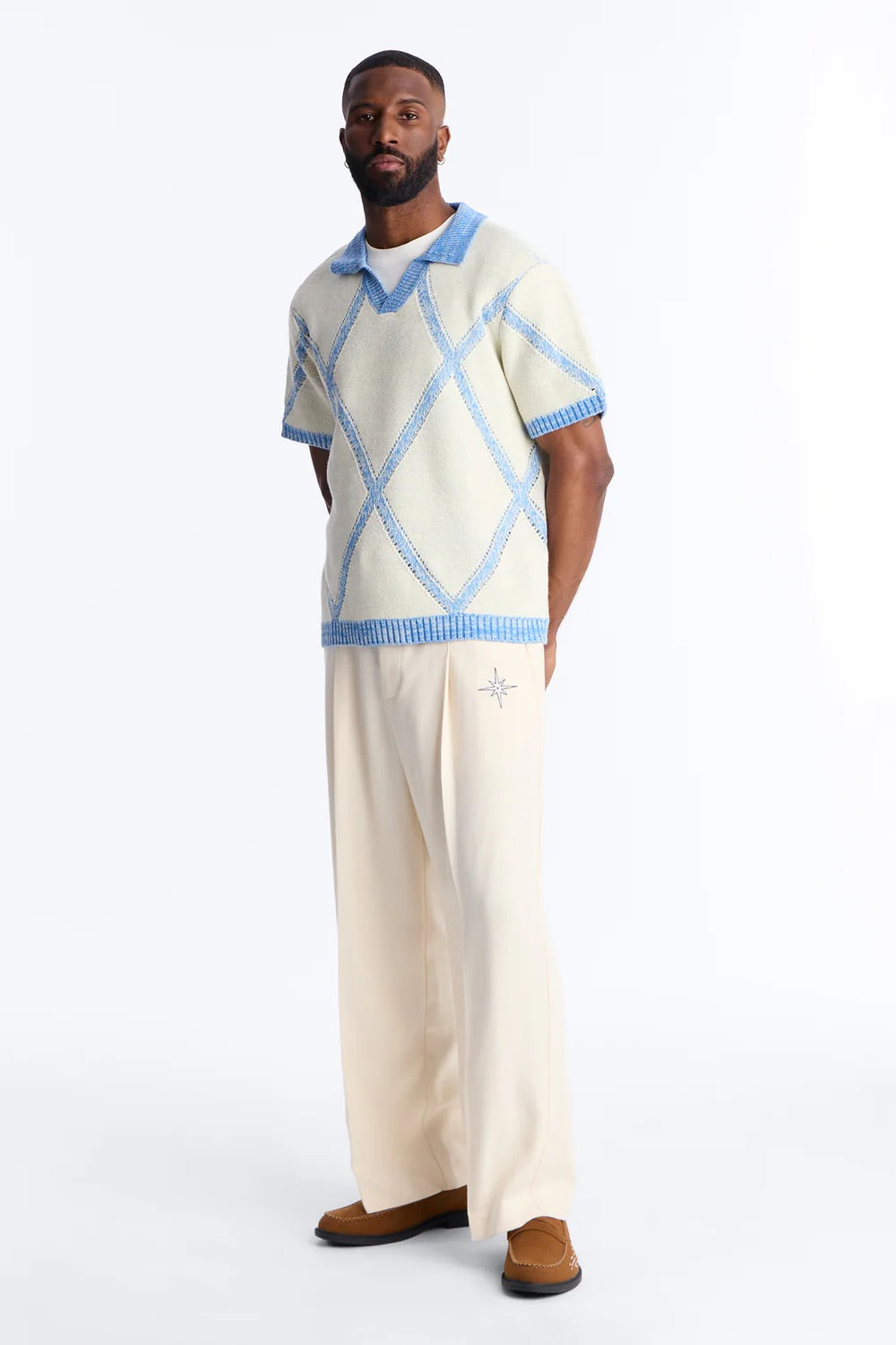 NovaMen Classic Argyle Knit Polo - Cream