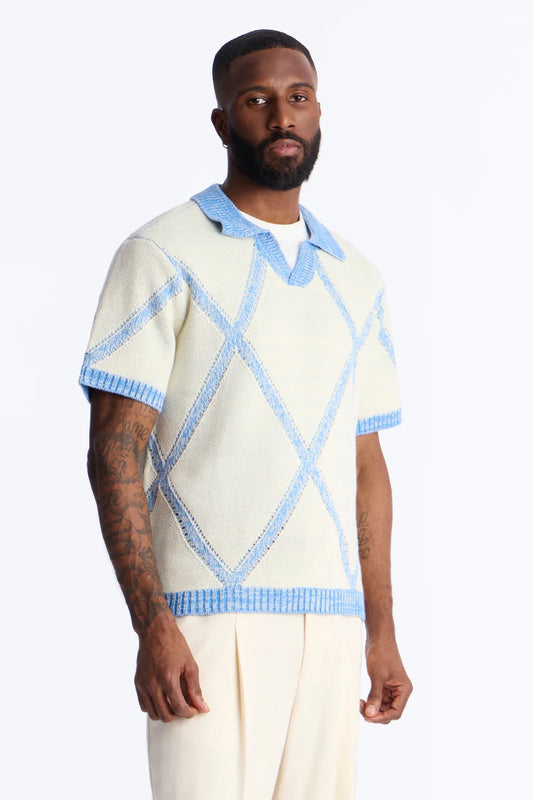 NovaMen Classic Argyle Knit Polo - Cream