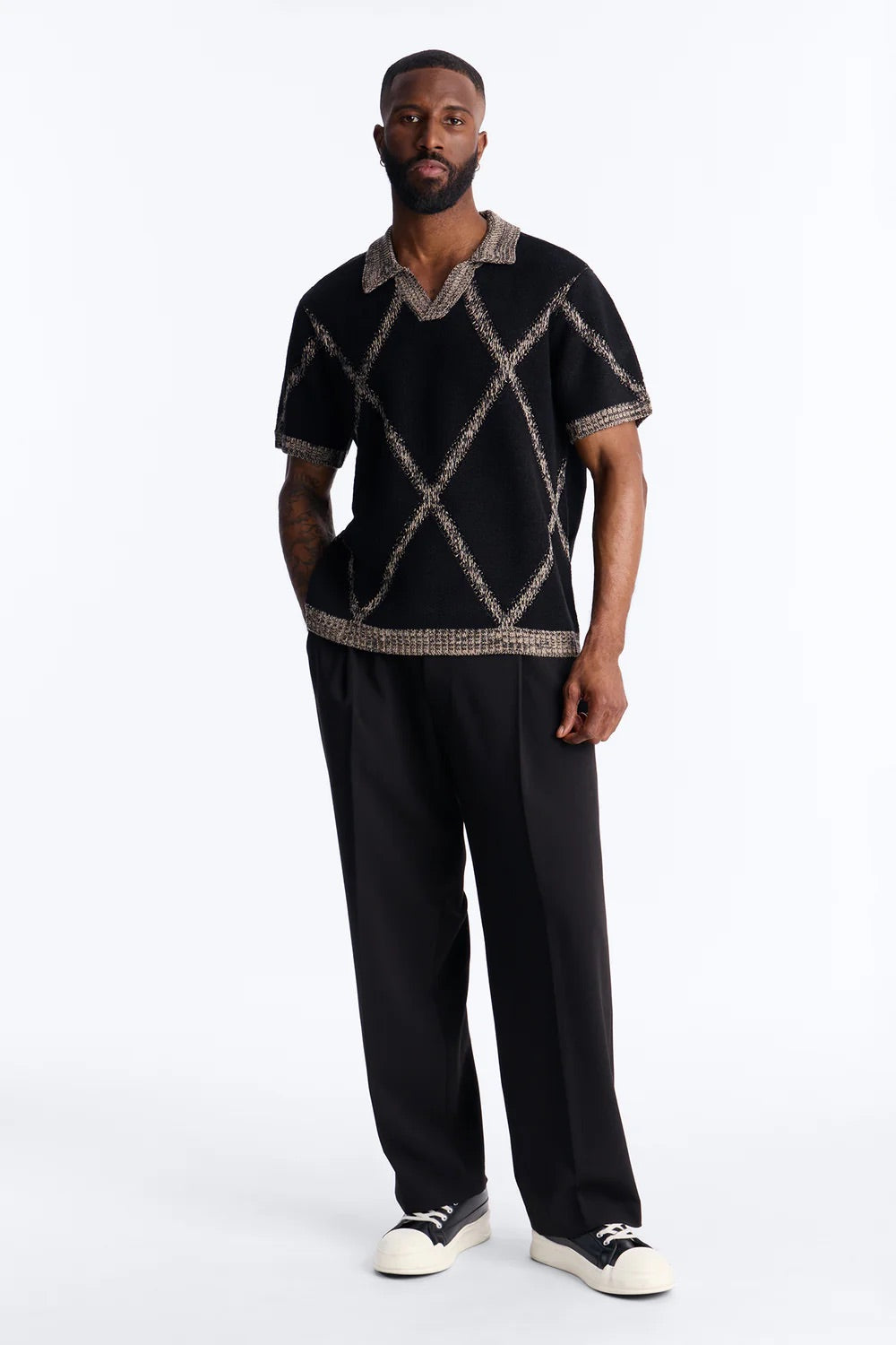 NovaMen Classic Argyle Knit Polo - Black