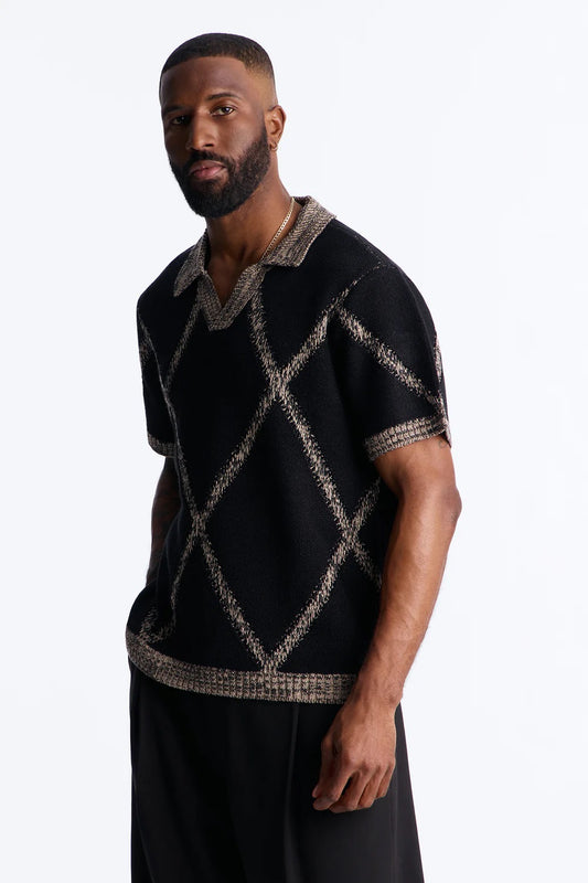 NovaMen Classic Argyle Knit Polo - Black