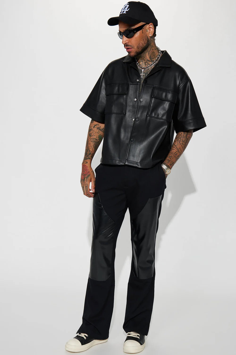 NovaMen High Stepper Cropped Faux Leather Button Up Shirt - Black