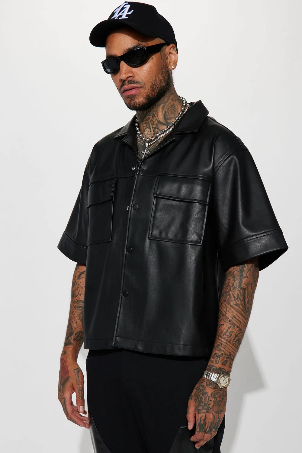 NovaMen High Stepper Cropped Faux Leather Button Up Shirt - Black