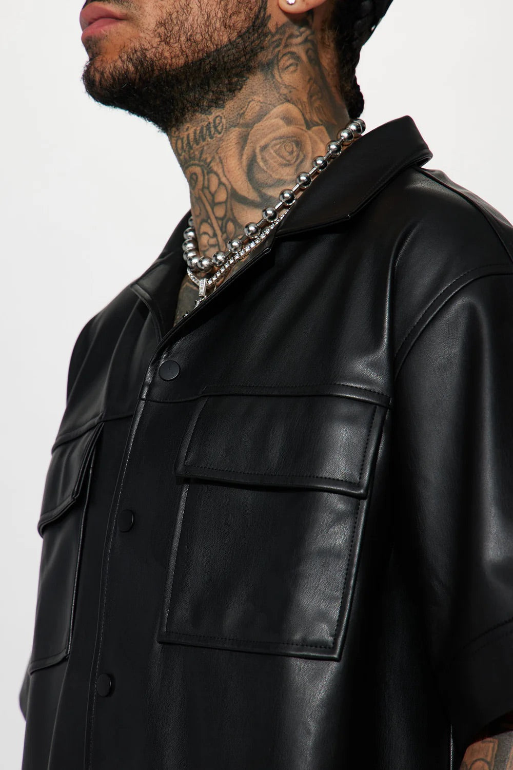 NovaMen High Stepper Cropped Faux Leather Button Up Shirt - Black