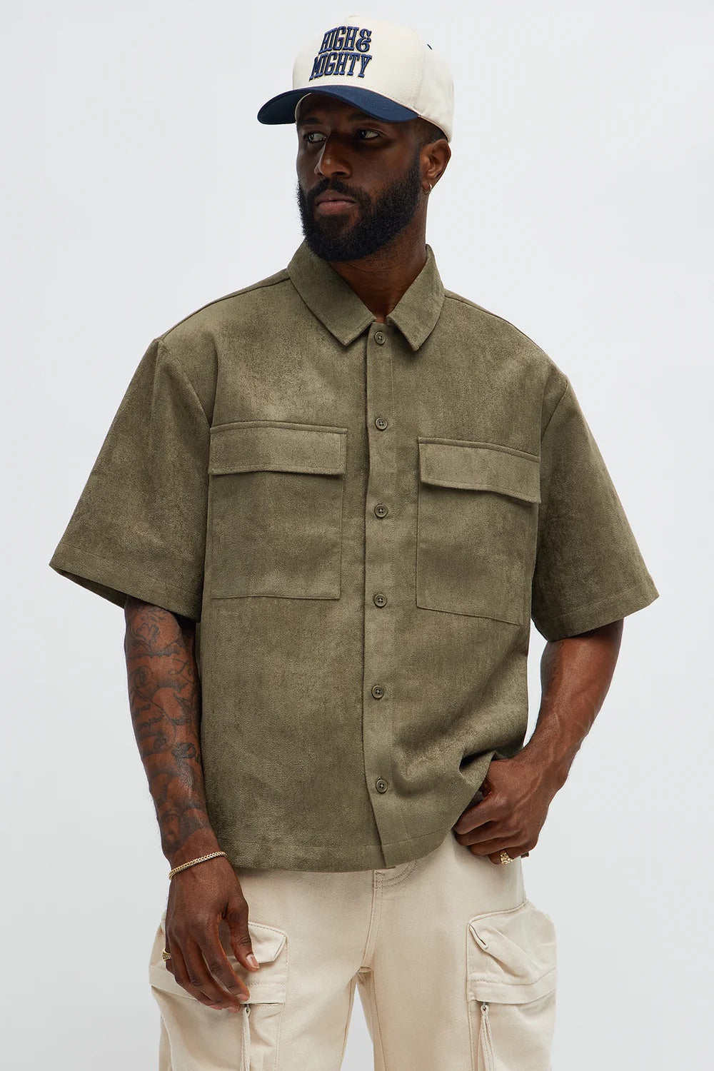 NovaMen Relaxed Brushed Double Pocket Button Up Shirt - Olive
