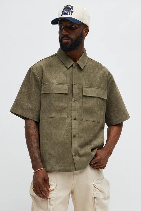 NovaMen Relaxed Brushed Double Pocket Button Up Shirt - Olive