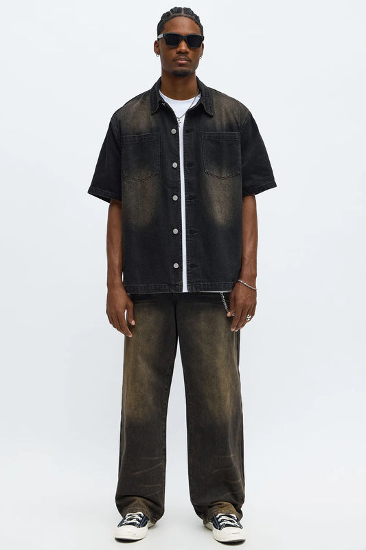 NovaMen Washed Denim Button Up Shirt - Black