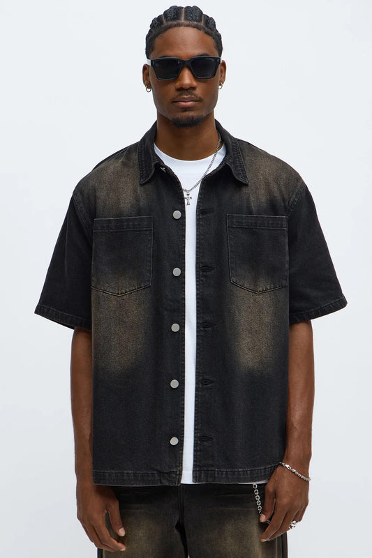 NovaMen Washed Denim Button Up Shirt - Black