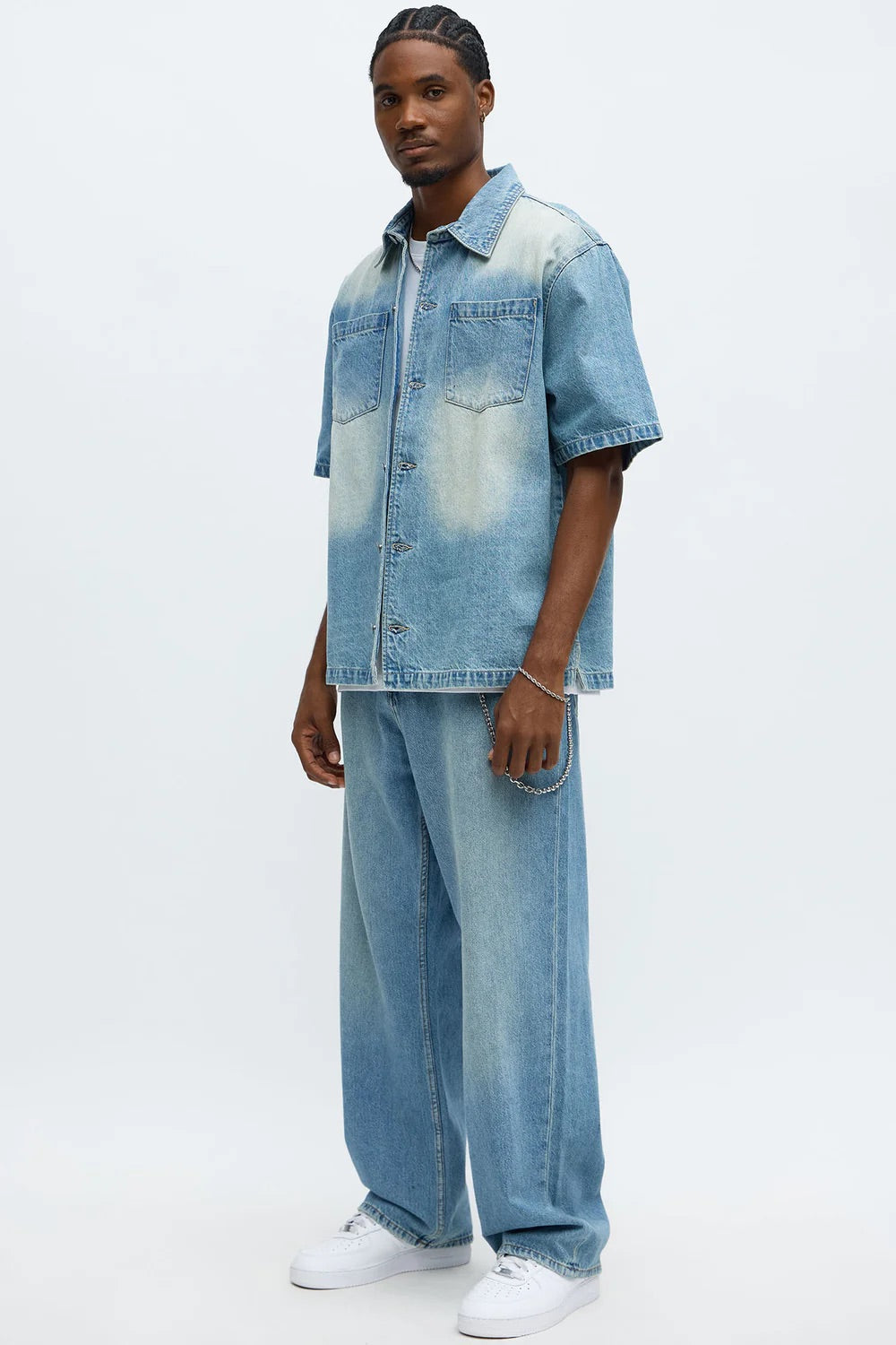 NovaMen Washed Denim Button Up Shirt - Light Blue