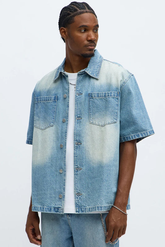 NovaMen Washed Denim Button Up Shirt - Light Blue