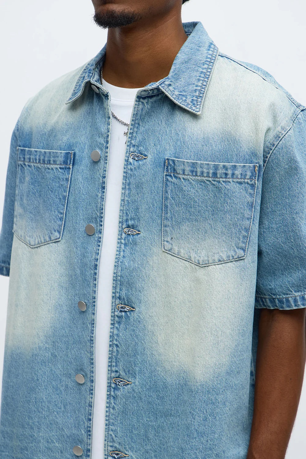 NovaMen Washed Denim Button Up Shirt - Light Blue