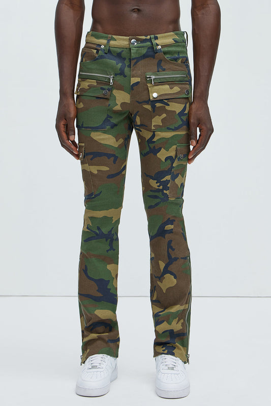 NovaMen On The Verge Waxed Zipper Skinny Flare Cargo Pants - Camouflage