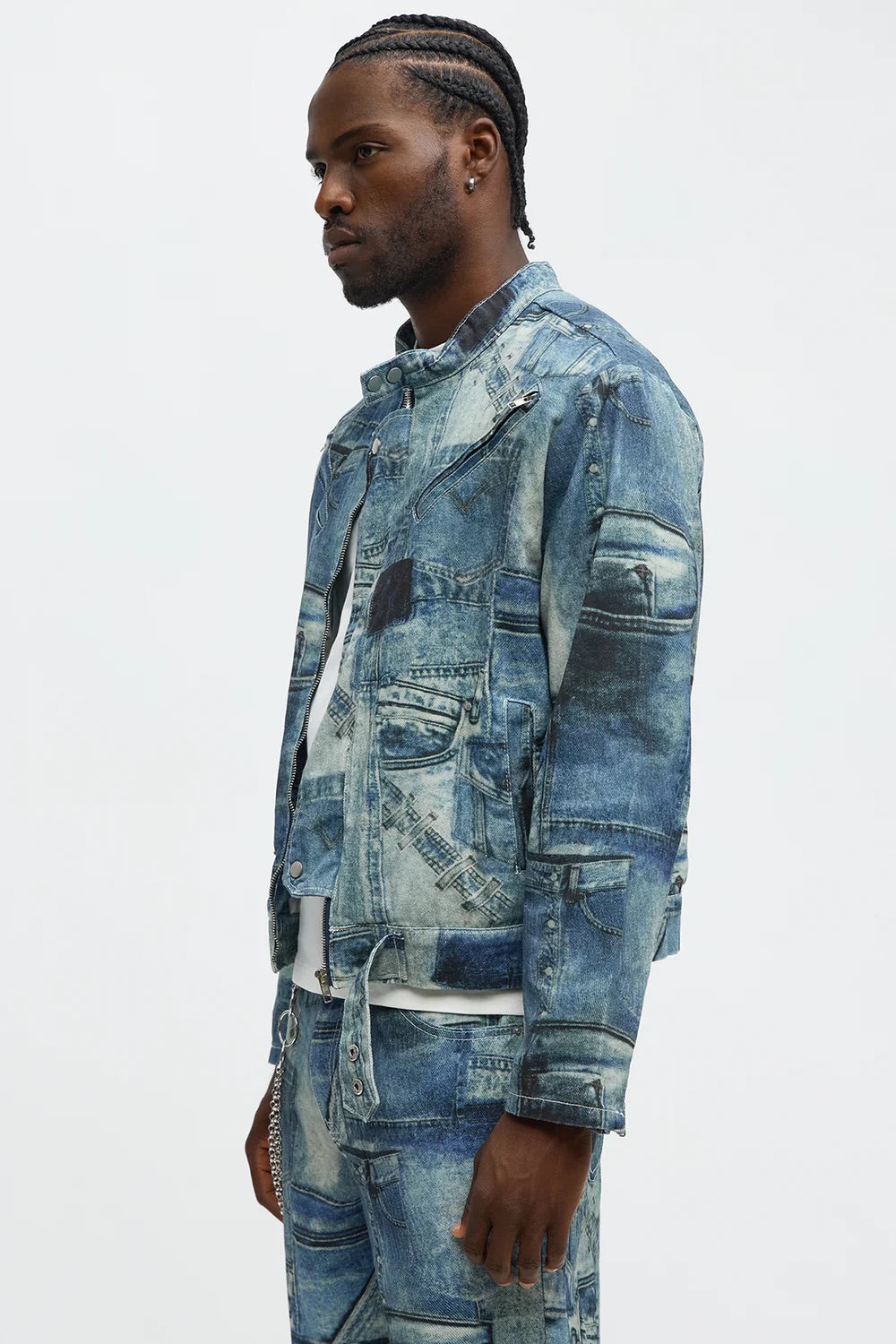 NovaMen Denim Printed Moto Jacket - Blue