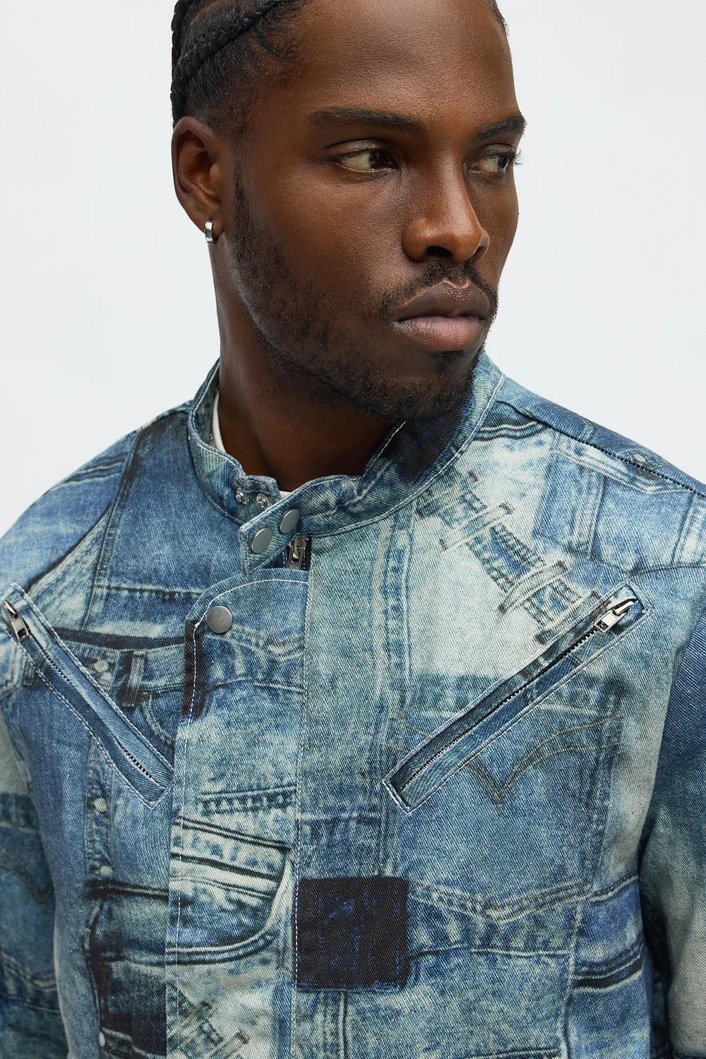 NovaMen Denim Printed Moto Jacket - Blue