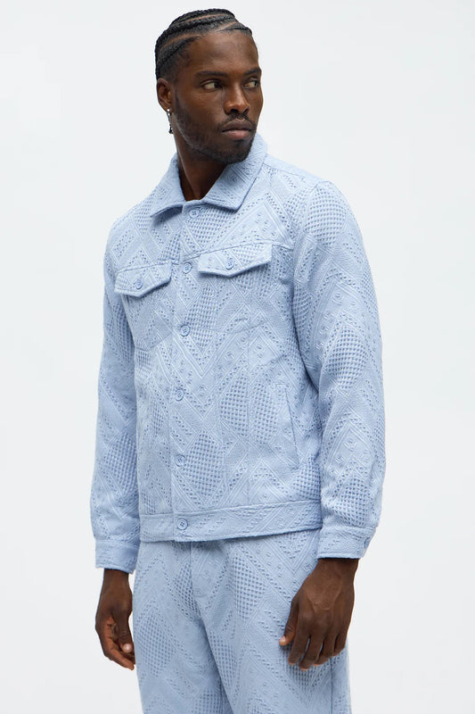 NovaMen Relaxed Twist Weave Textured Trucker Jacket - Light Blue