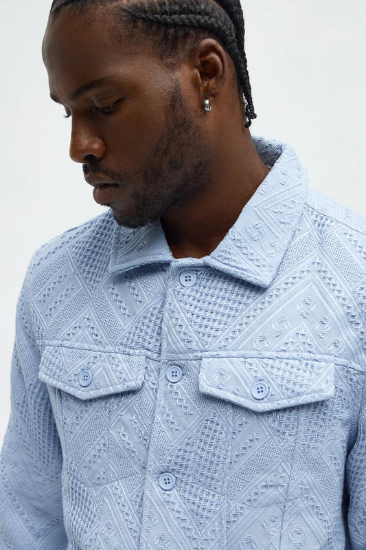NovaMen Relaxed Twist Weave Textured Trucker Jacket - Light Blue