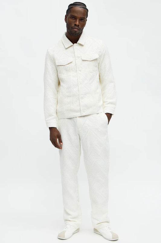NovaMen Relaxed Twist Weave Textured Trucker Jacket - White
