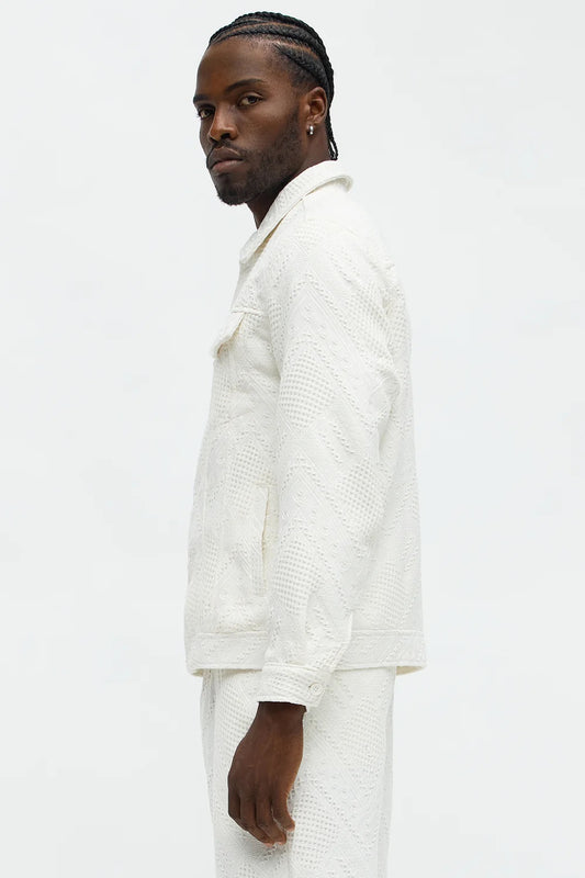 NovaMen Relaxed Twist Weave Textured Trucker Jacket - White