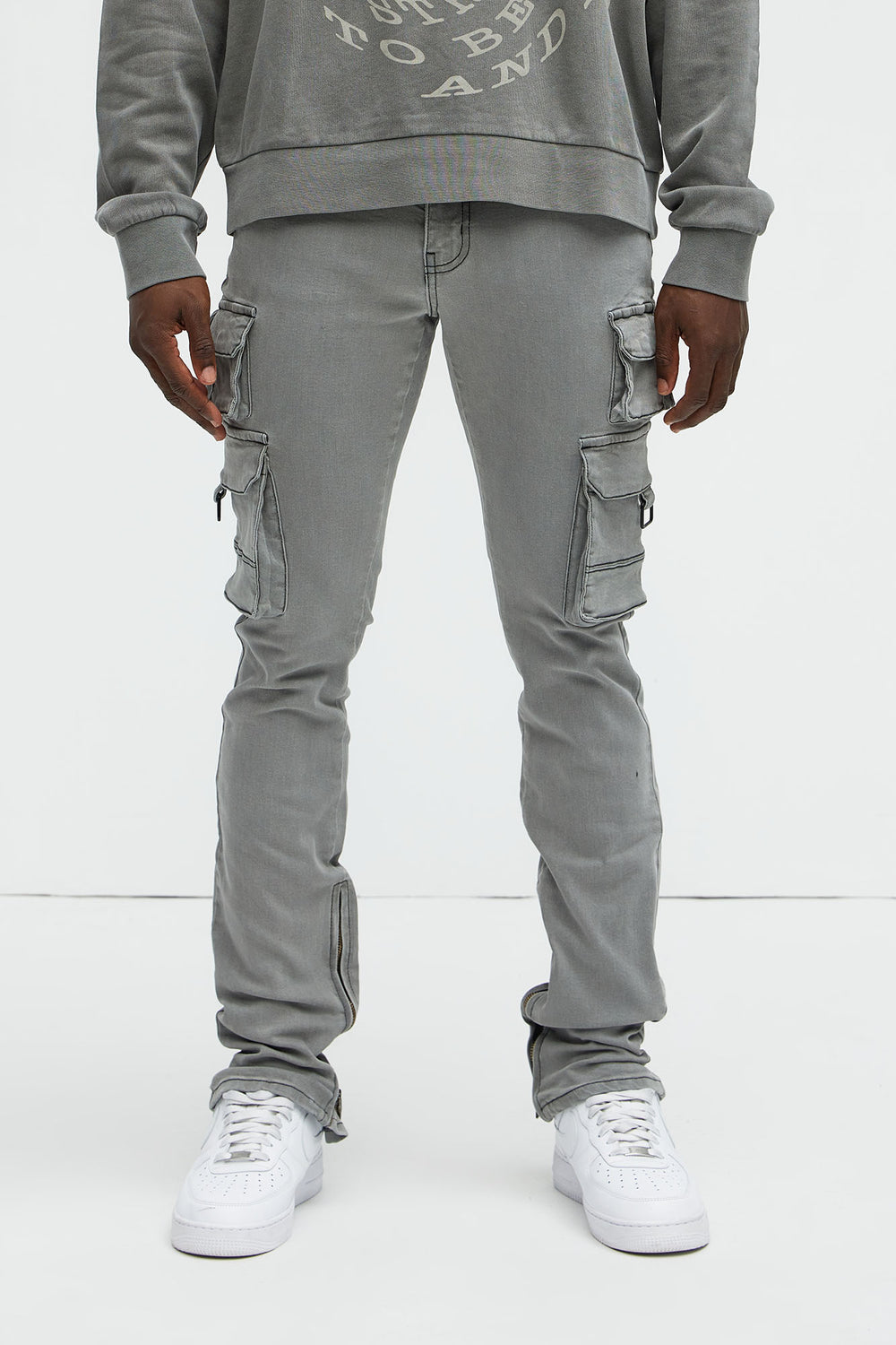 NovaMen Get This Cargo Stacked Skinny Zipper Flare Jeans - Grey