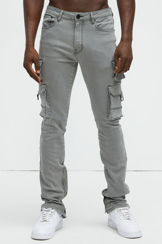 NovaMen Get This Cargo Stacked Skinny Zipper Flare Jeans - Grey
