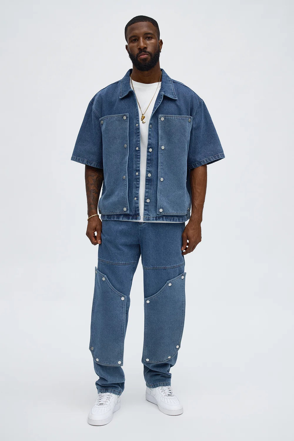 NovaMen Boxy Utility Snap Panel Button Up Shirt - Dark Wash