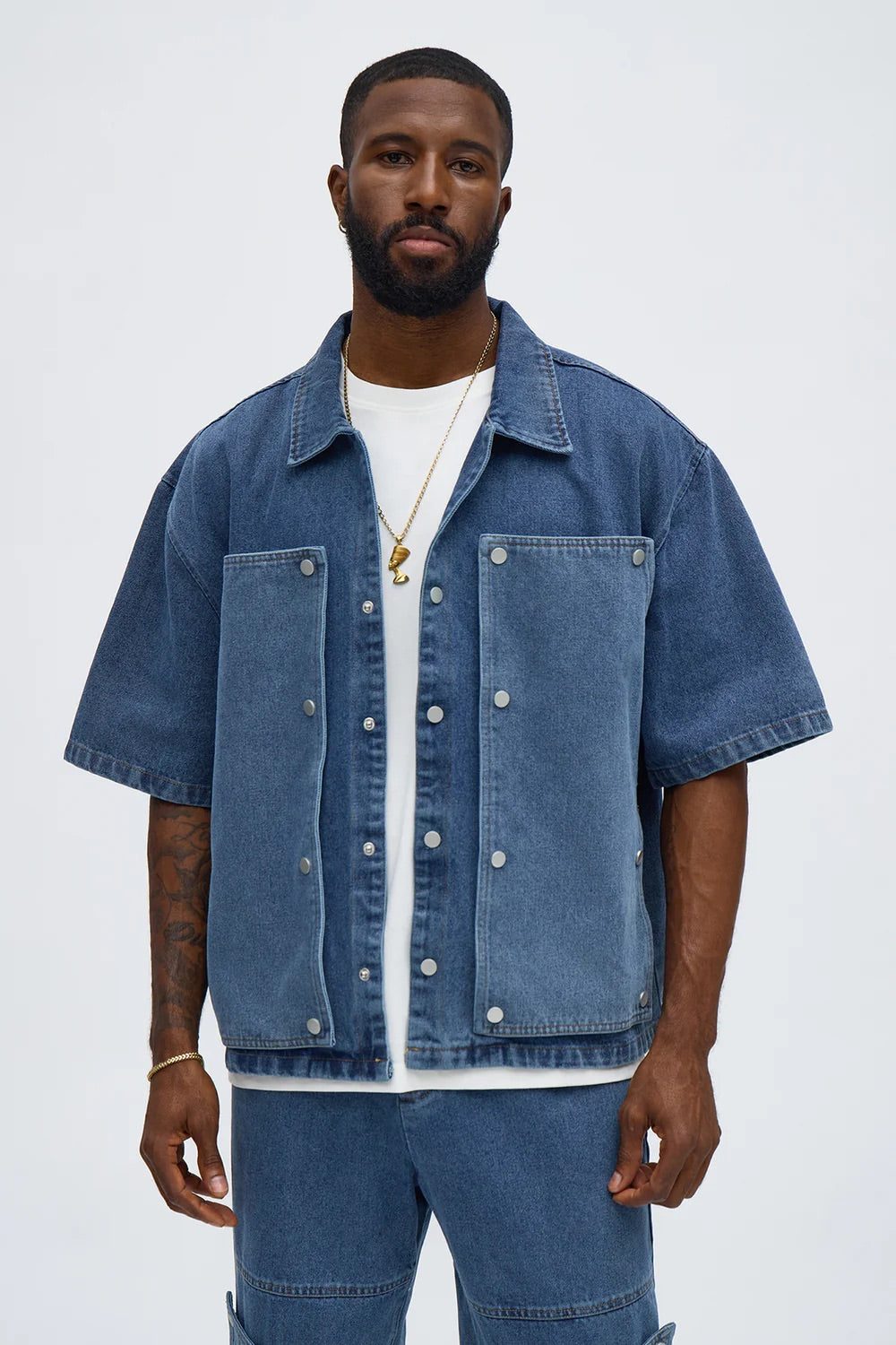 NovaMen Boxy Utility Snap Panel Button Up Shirt - Dark Wash