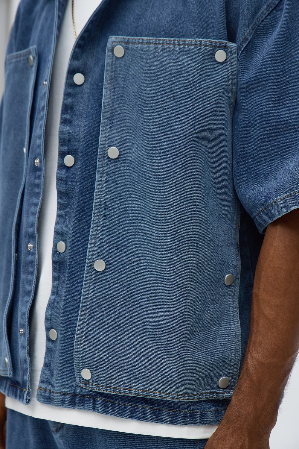 NovaMen Boxy Utility Snap Panel Button Up Shirt - Dark Wash