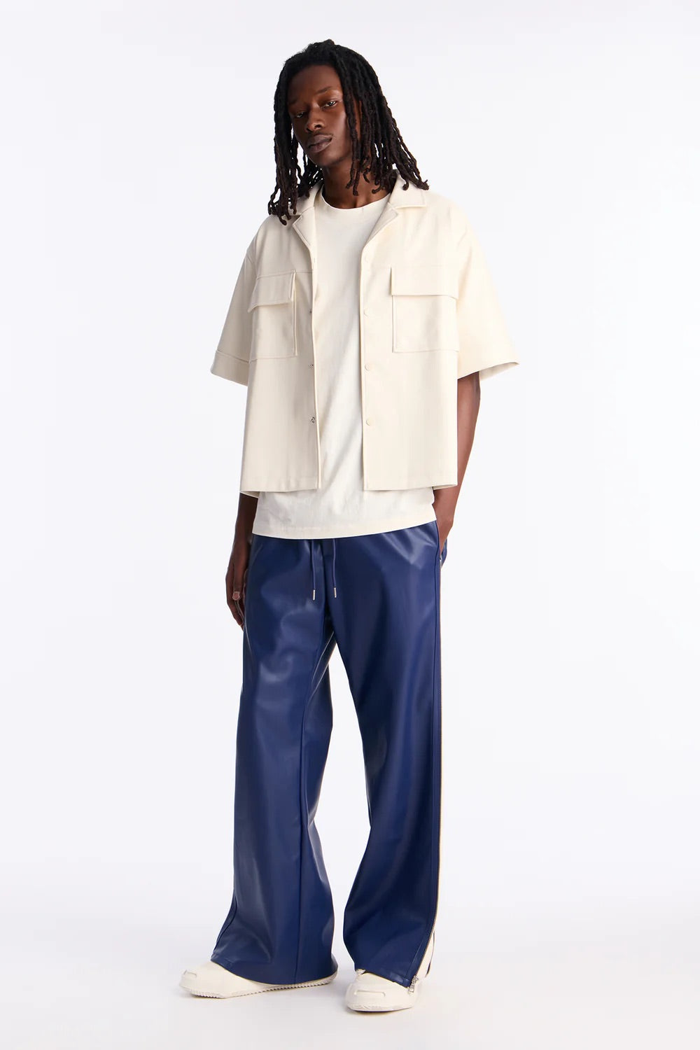 NovaMen High Stepper Faux Leather Button Up Shirt - Off White