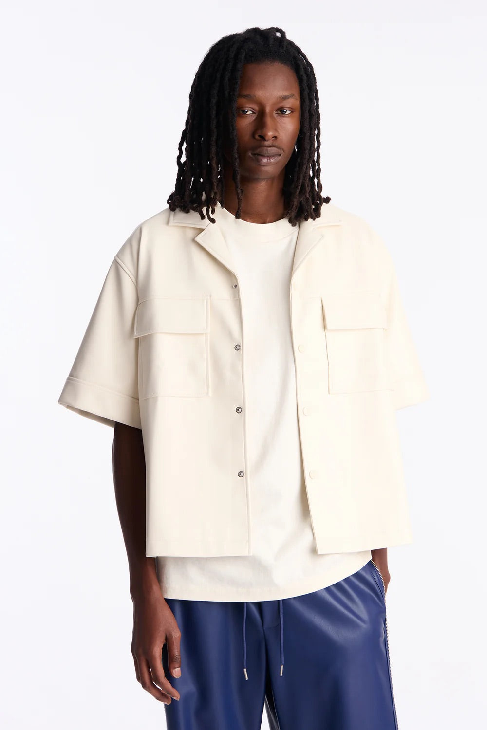 NovaMen High Stepper Faux Leather Button Up Shirt - Off White