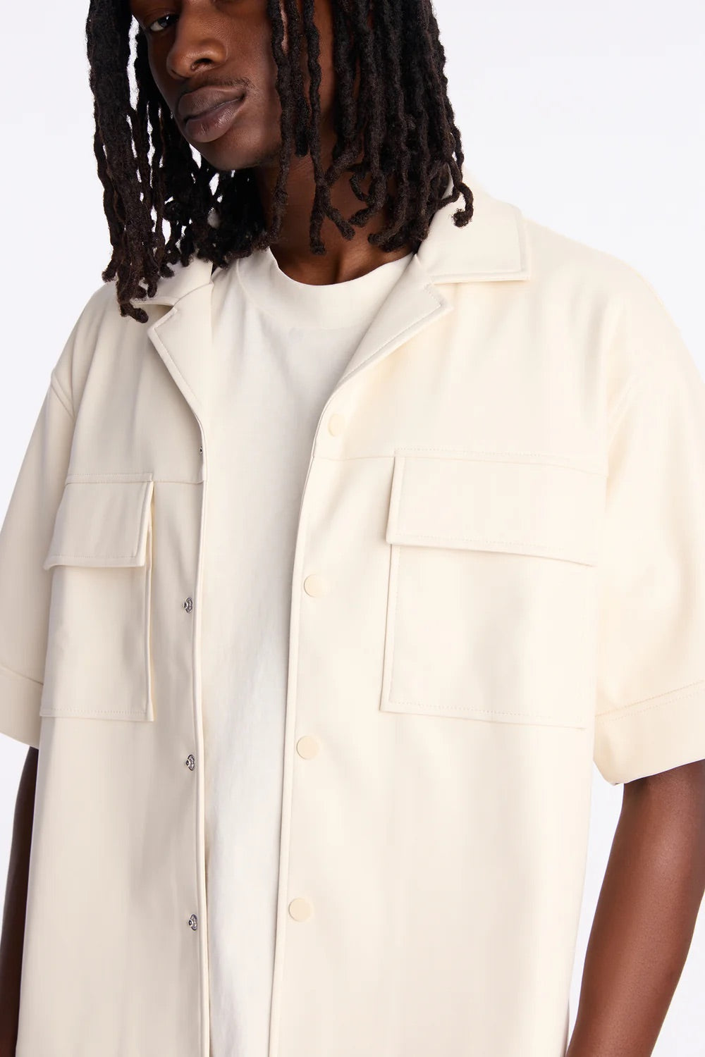 NovaMen High Stepper Faux Leather Button Up Shirt - Off White