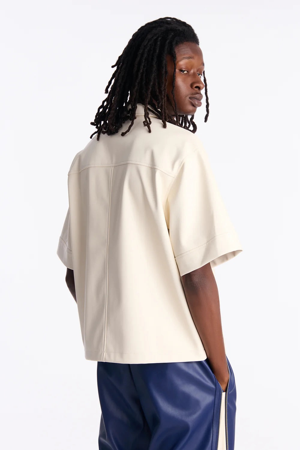 NovaMen High Stepper Faux Leather Button Up Shirt - Off White