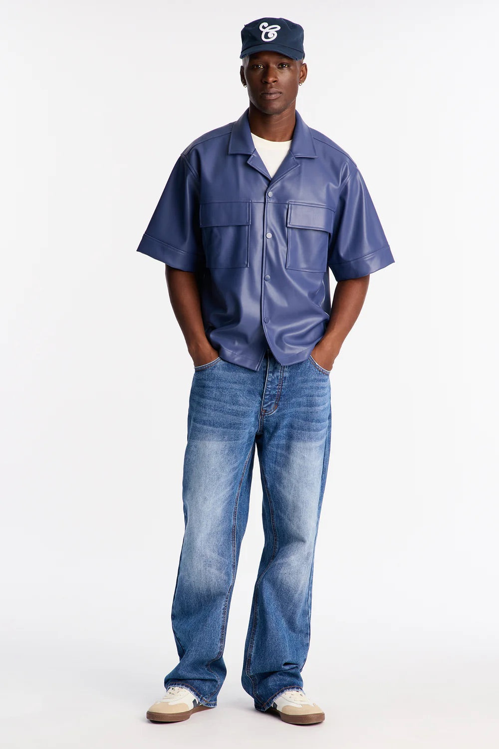 NovaMen High Stepper Faux Leather Button Up Shirt - Blue