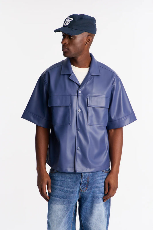 NovaMen High Stepper Faux Leather Button Up Shirt - Blue