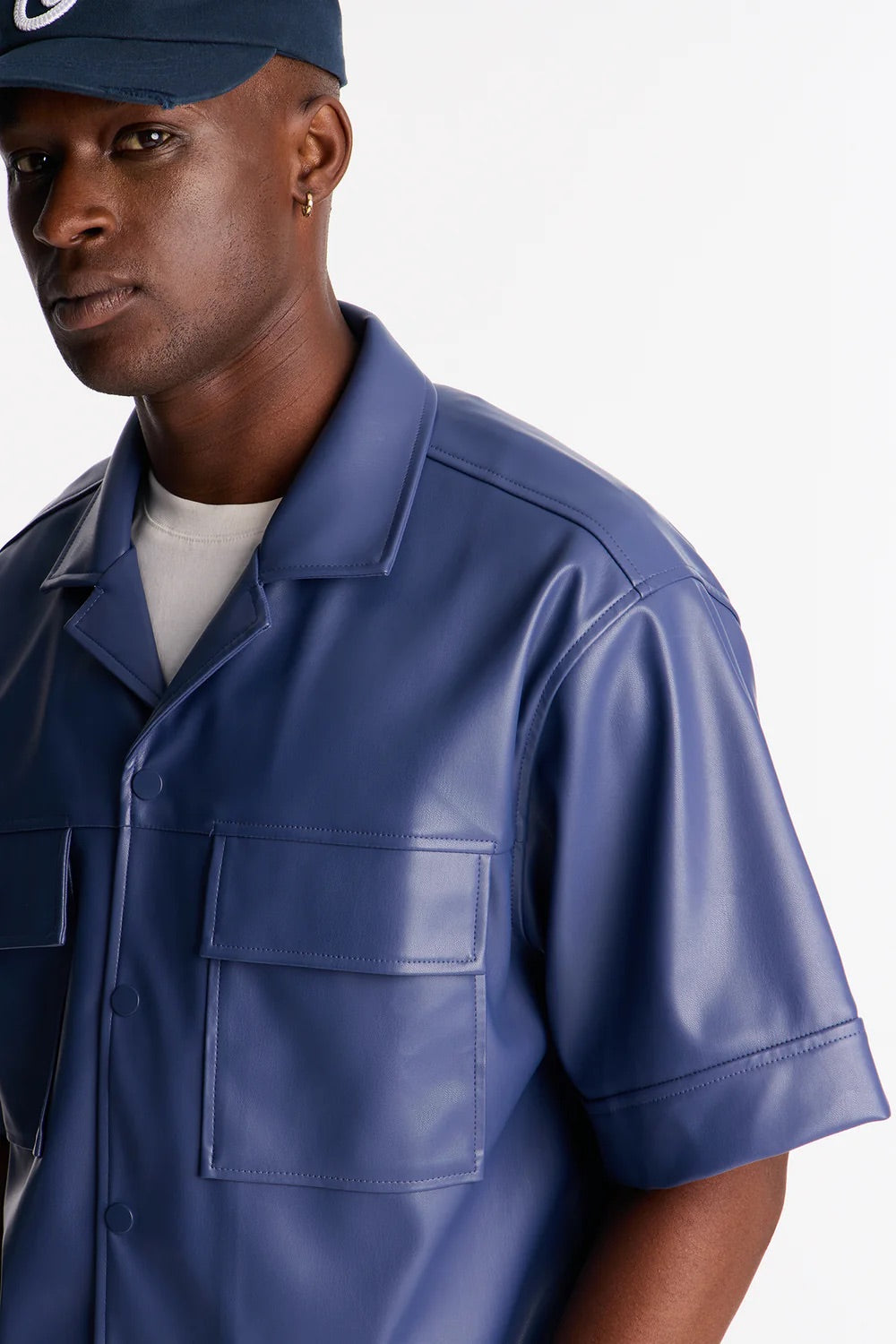 NovaMen High Stepper Faux Leather Button Up Shirt - Blue